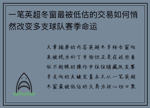 一笔英超冬窗最被低估的交易如何悄然改变多支球队赛季命运