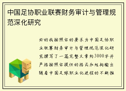 中国足协职业联赛财务审计与管理规范深化研究 中国足协职业联赛财务审计与管理规范深化研究