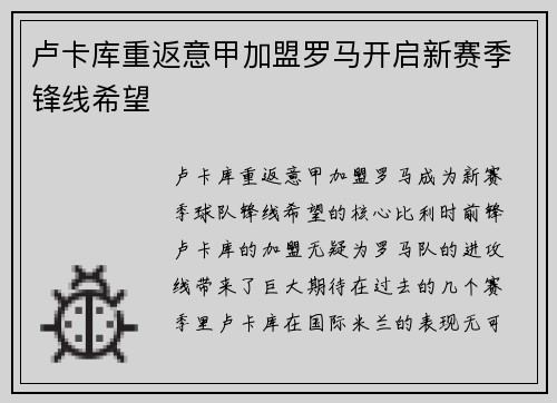 卢卡库重返意甲加盟罗马开启新赛季锋线希望